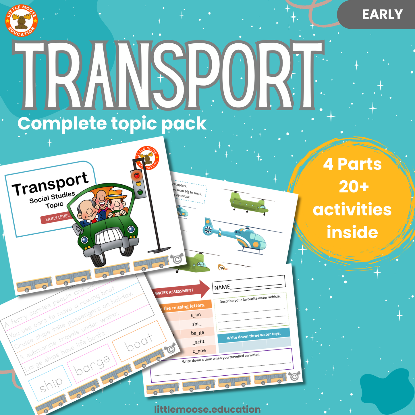 Transport complete digital topic pack for Social Studies at Early Level, Curriculum for Excellence transport education resource, with illustrated cover design and sample activity pages showing sorting, drawing, matching, handwriting, teacher’s notes, assessment, and wordsearch.