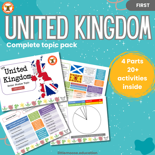 Stirling complete digital topic pack for Social Studies at First Level, Curriculum for Excellence geography and heritage education resource, with illustrated cover design and sample activity pages showing activities, teacher’s notes, assessments, and extension tasks.