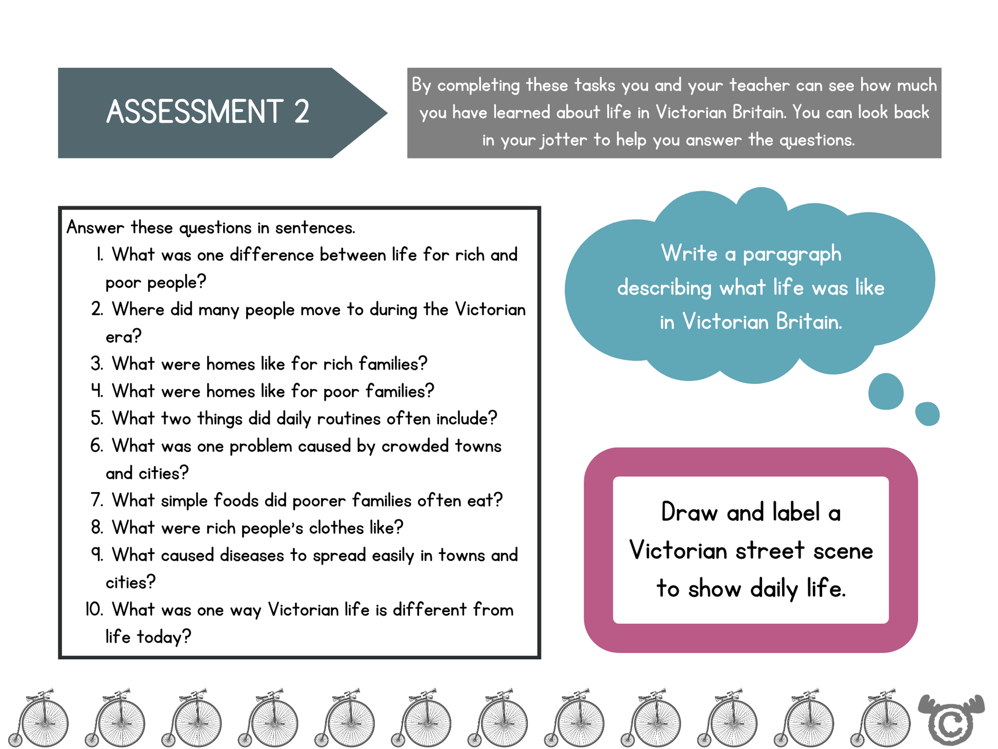 Victorian Era assessment page with questions and tasks, Social Studies Second Level, Curriculum for Excellence