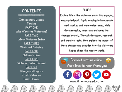 Victorian Era digital topic pack contents page, Social Studies Second Level, Curriculum for Excellence
