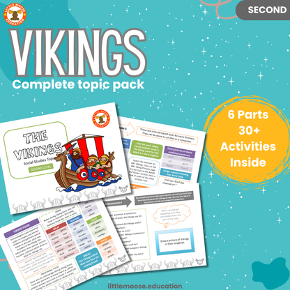 Vikings complete digital topic pack for Social Studies at Second Level, Curriculum for Excellence history education resource, with cover image showing activities, teacher’s notes, assessments, and extension tasks.
