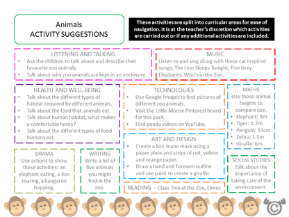 Cross-curricular activity suggestions from Visiting the Zoo Social Studies pack, Early Level