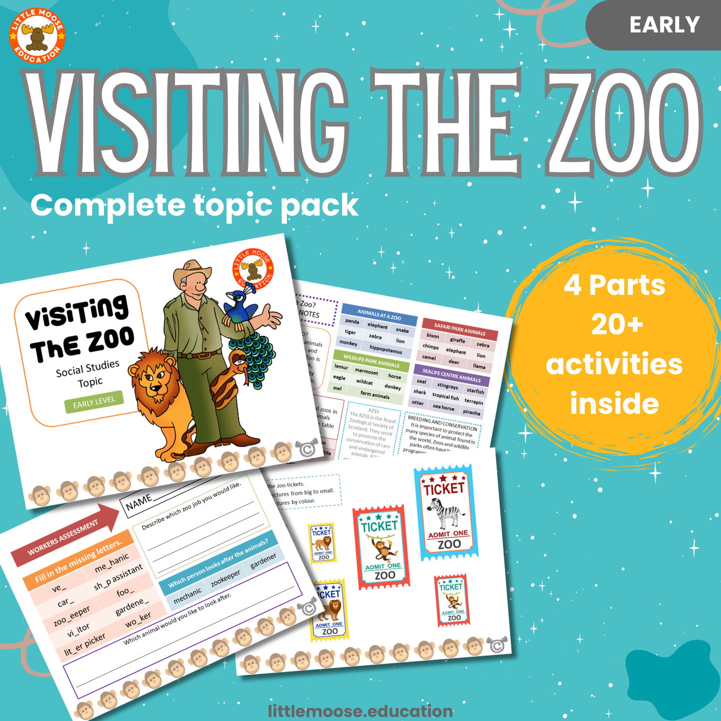 Visiting the Zoo complete digital topic pack for Social Studies at Early Level, Curriculum for Excellence nature education resource, with illustrated cover design and sample activity pages showing sorting, drawing, matching, handwriting, teacher’s notes, assessment, and wordsearch.