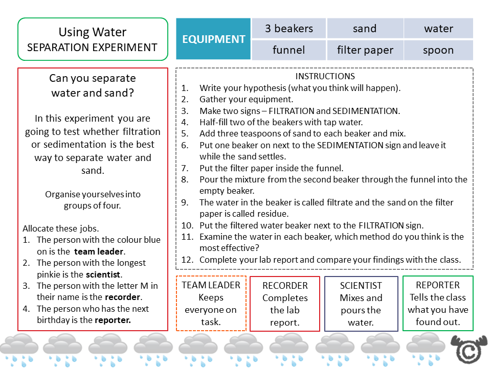 Experiment page from Water Science pack, Second Level