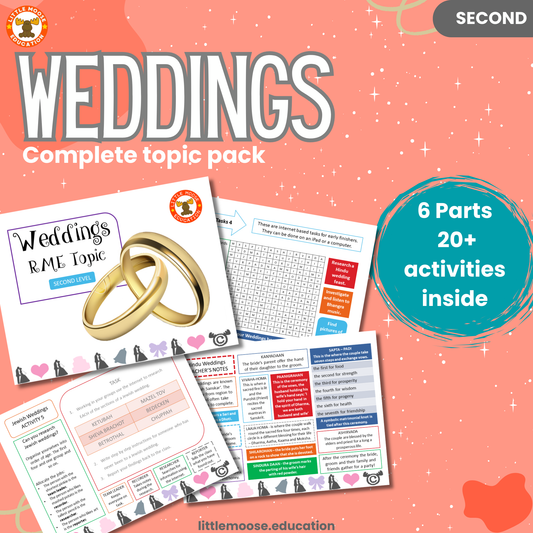 Weddings complete digital topic pack for RME at Second Level, Curriculum for Excellence religion education resource, with illustrated cover design and sample activity pages showing activities, stories, teacher’s notes, assessments, extension tasks, and outcomes.
