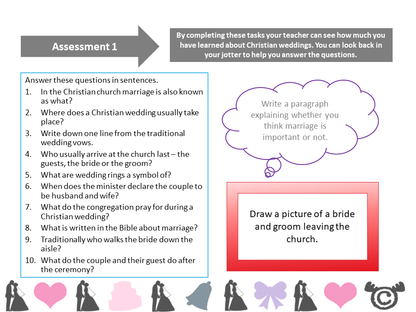 Assessment task from Weddings RME pack, Second Level
