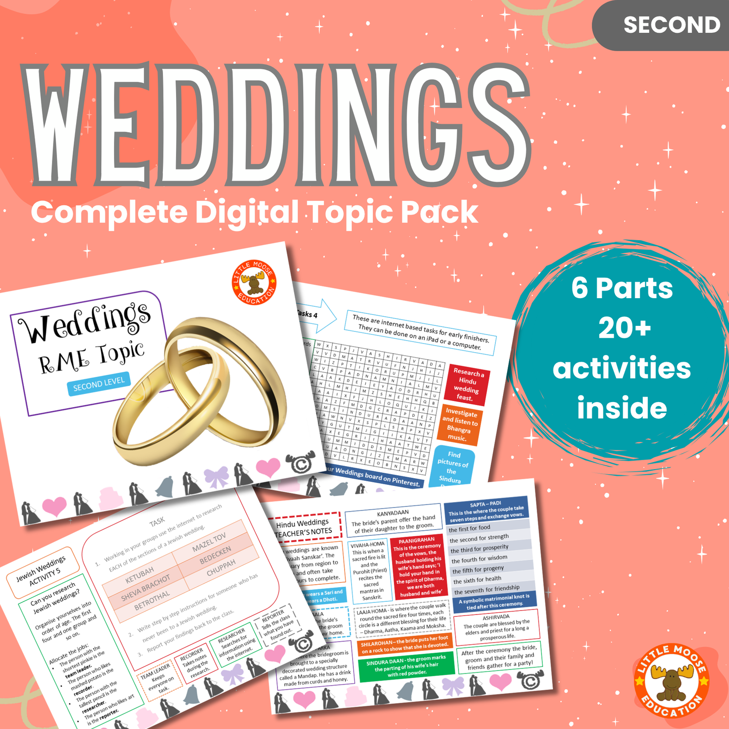 Weddings complete digital topic pack for RME at Second Level, Curriculum for Excellence religion education resource, with illustrated cover design and sample activity pages showing activities, stories, teacher’s notes, assessments, extension tasks, and outcomes.