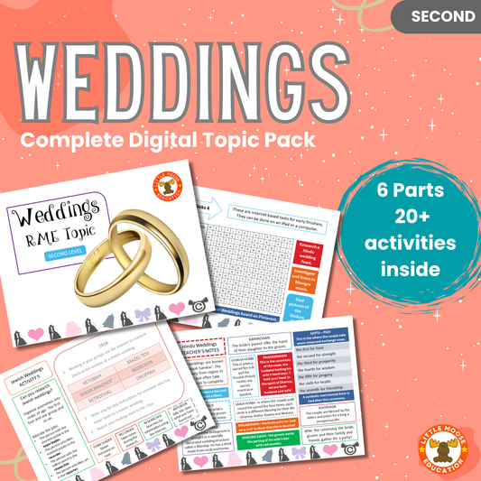 Weddings complete digital topic pack for RME at Second Level, Curriculum for Excellence religion education resource, with illustrated cover design and sample activity pages showing activities, stories, teacher’s notes, assessments, extension tasks, and outcomes.