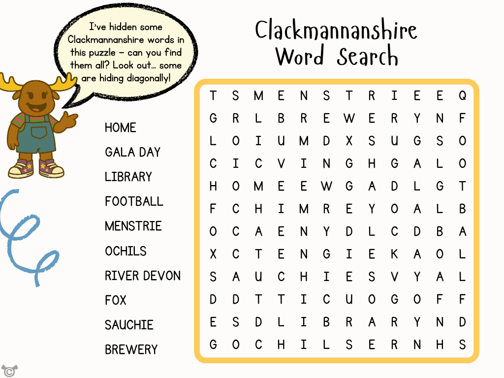 Wordsearch from My Area – Clackmannanshire Social Studies pack, First Level
