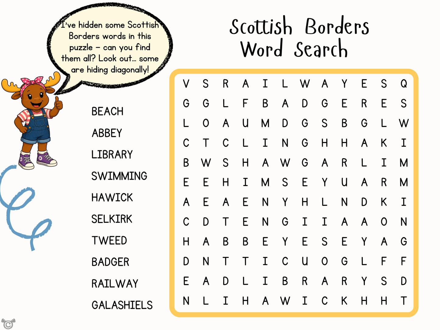 Word search from My Area – Scottish Borders Social Studies pack, First Level