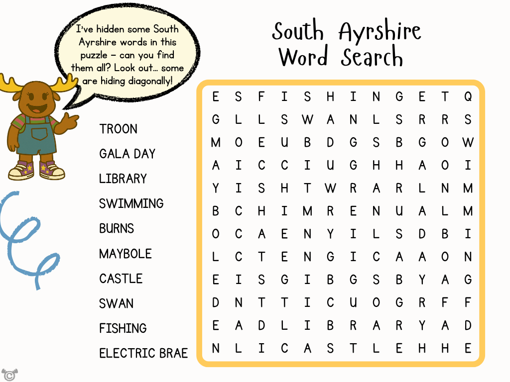 Wordsearch from My Area – South Ayrshire Social Studies pack, First Level
