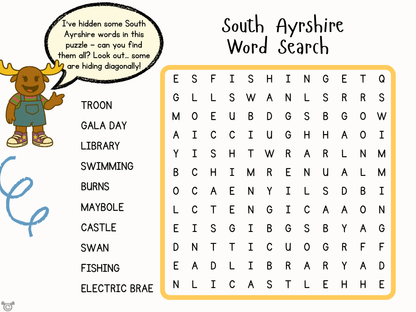 Wordsearch from My Area – South Ayrshire Social Studies pack, First Level