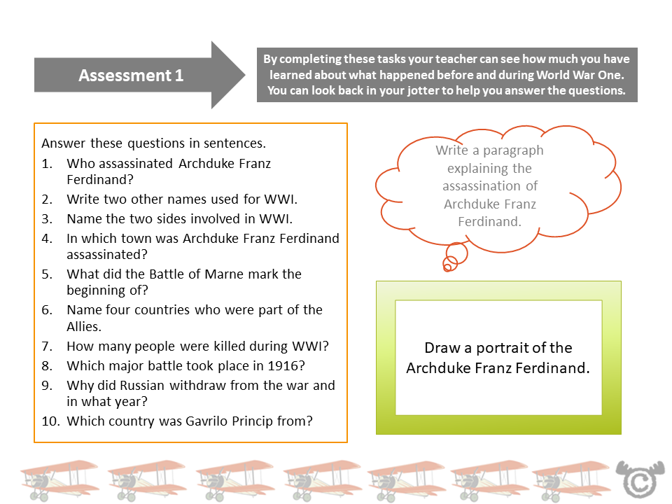 Assessment task from World War One Social Studies pack, Second Level