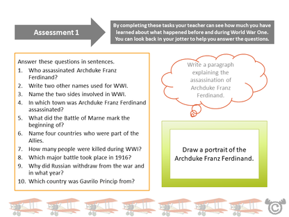 Assessment task from World War One Social Studies pack, Second Level