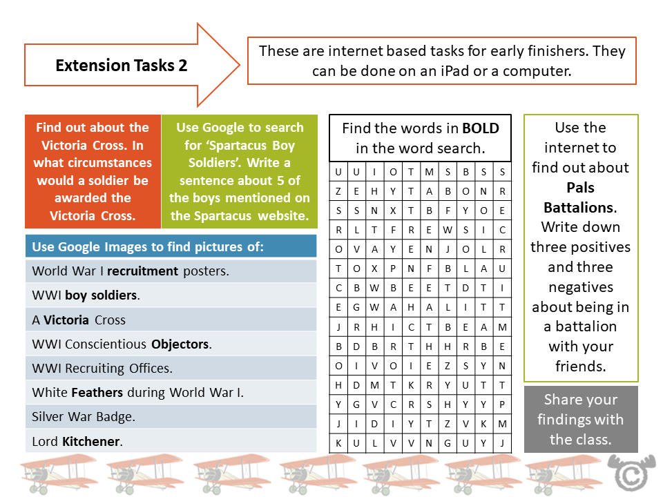 Extension tasks from World War One Social Studies pack, Second Level