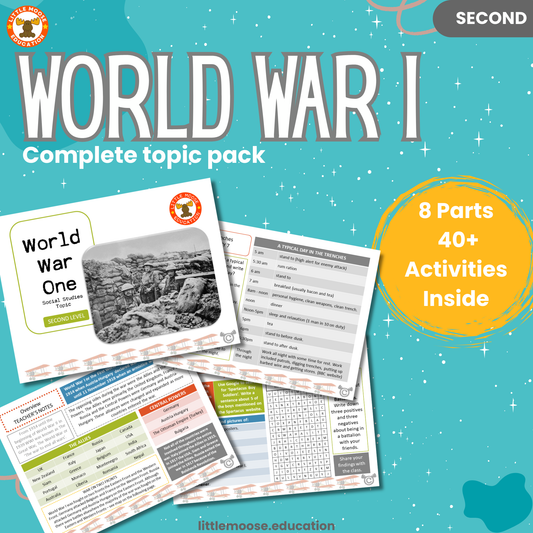 World War One complete digital topic pack for Social Studies at Second Level, Curriculum for Excellence history education resource, with illustrated cover design and sample activity pages showing activities, teacher’s notes, assessments, and extension tasks.