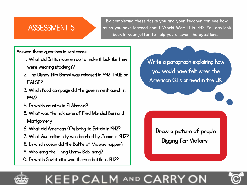 Assessment task from World War Two Social Studies pack, First Level