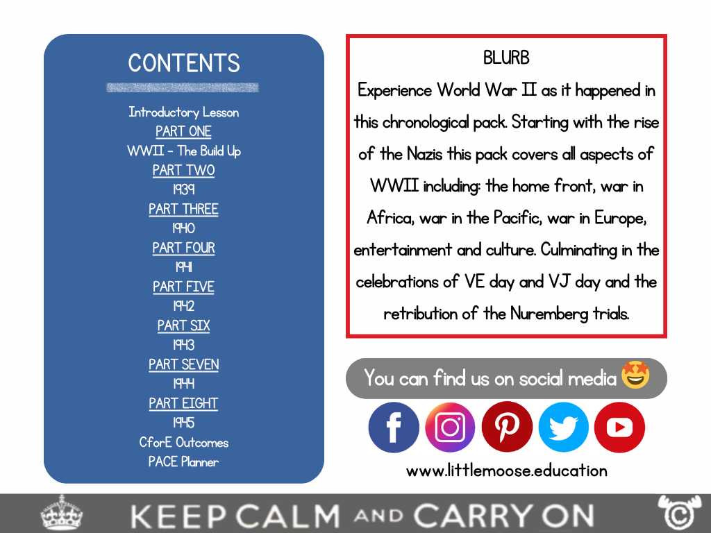 Contents page from World War Two Social Studies pack at Second Level
