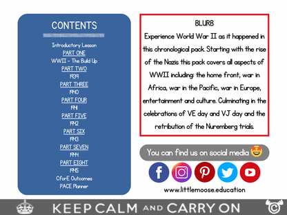 Contents page from World War Two Social Studies pack at Second Level