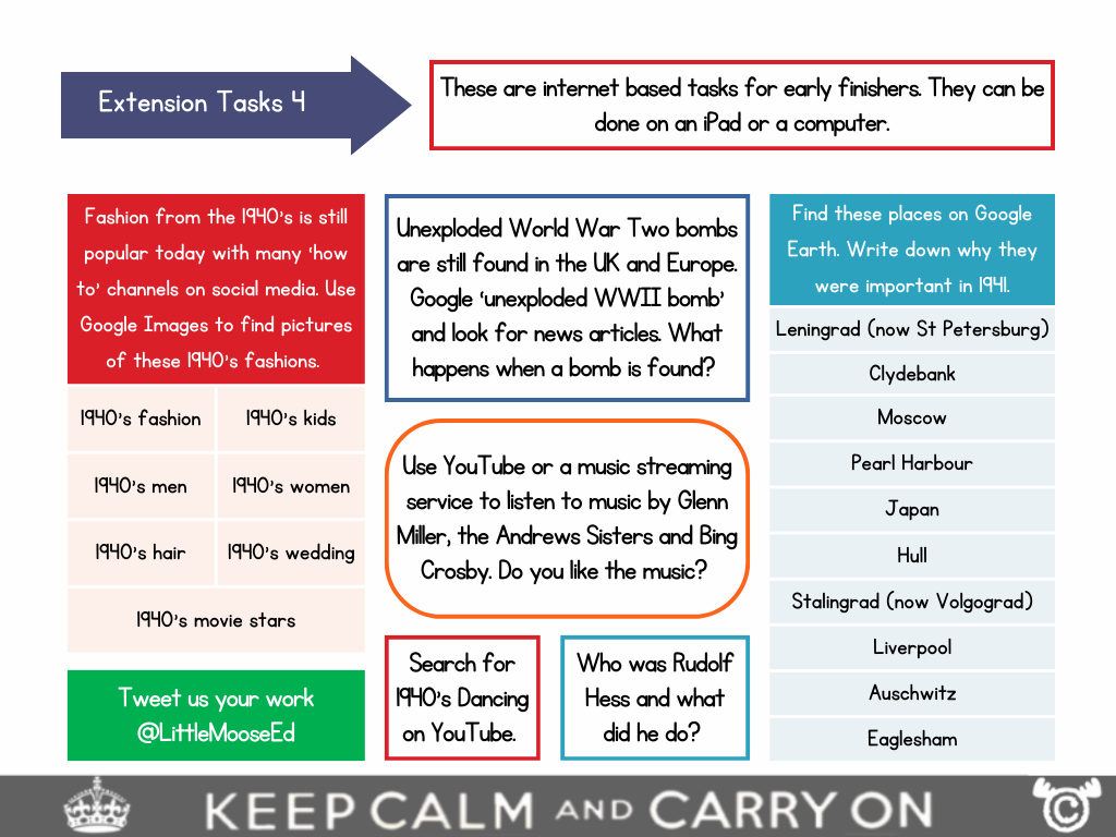 Extension tasks from World War Two Social Studies pack, Second Level