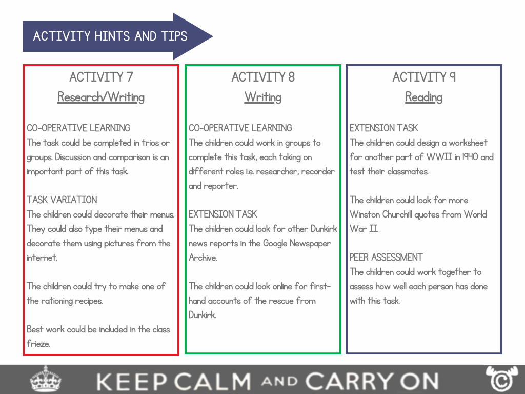 Activity hints and tips page from World War Two Social Studies pack, Second Level