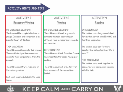 Activity hints and tips page from World War Two Social Studies pack, Second Level