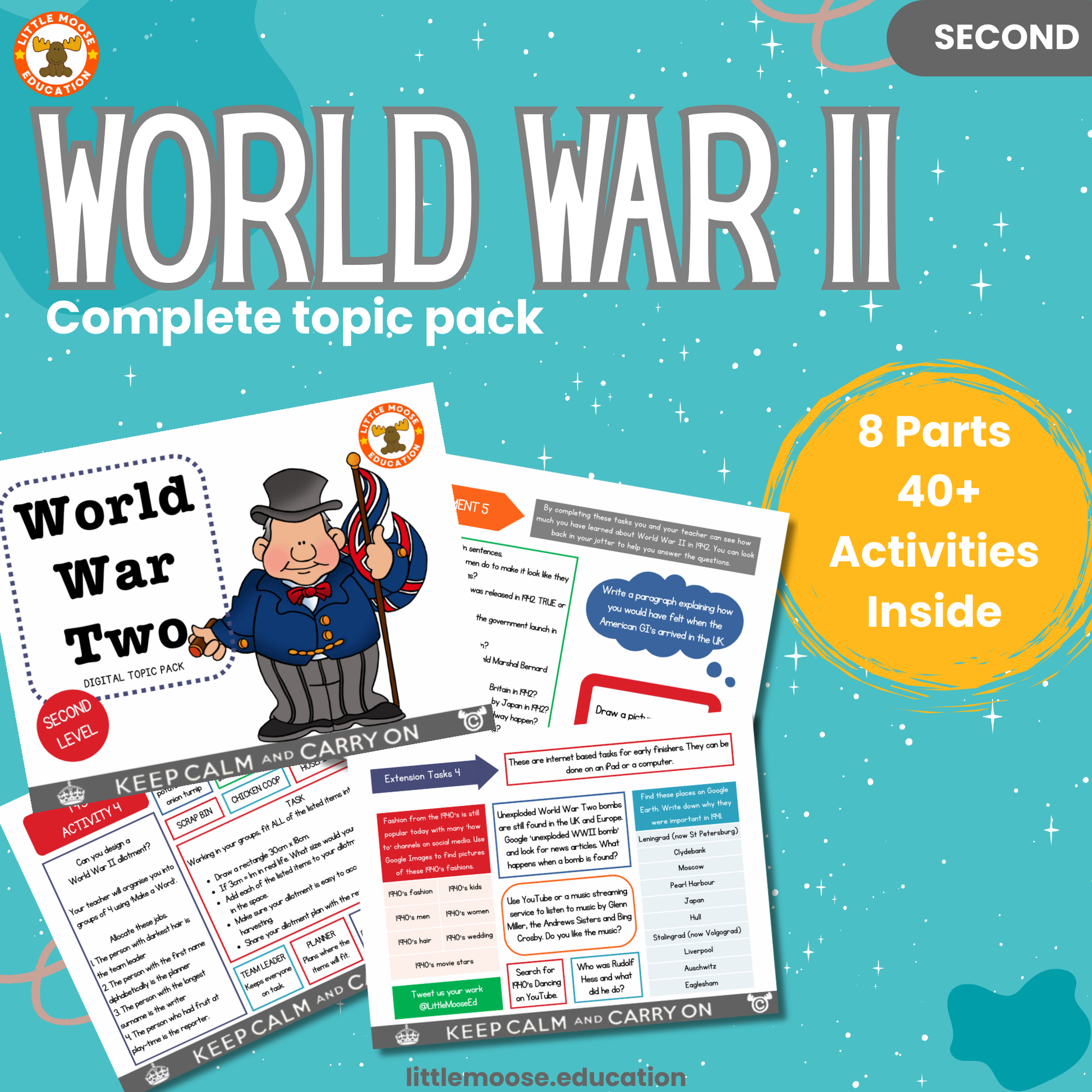 World War Two complete digital topic pack for Social Studies at Second Level, Curriculum for Excellence history education resource, with illustrated cover design and sample activity pages showing activities, teacher’s notes, assessments, and extension tasks.